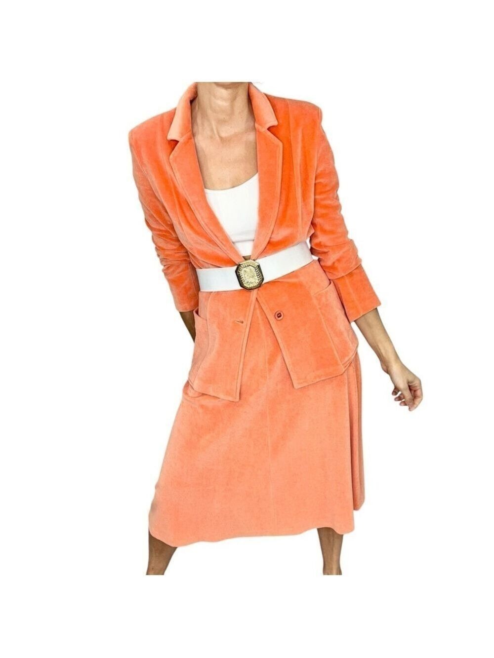 Vintage 70s coral orange stretch velour jacket skirt suit blazer set 3/4